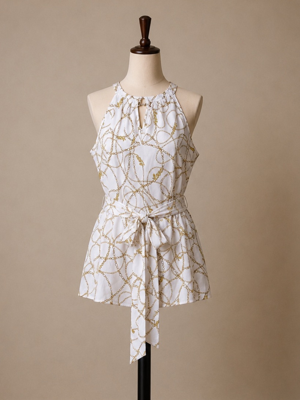 Women’s White Halter Tie-Waist Chain Print Top - Picture 1 of 4